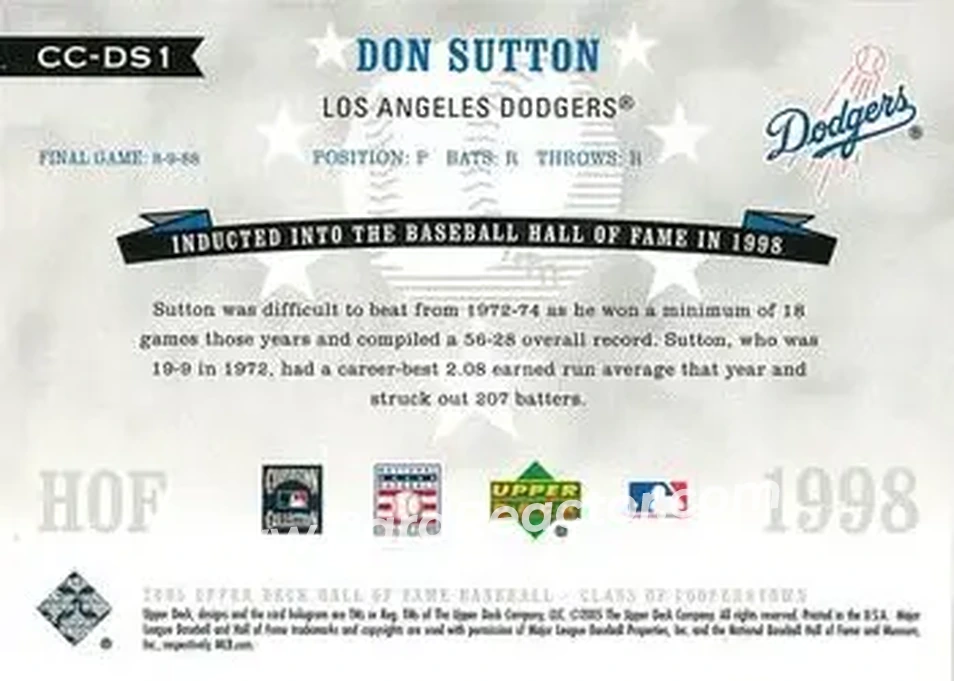 2005 Upper Deck Hall of Fame - Class of Cooperstown #CC-DS1 - Don Sutton - Los Angeles Dodgers - Back