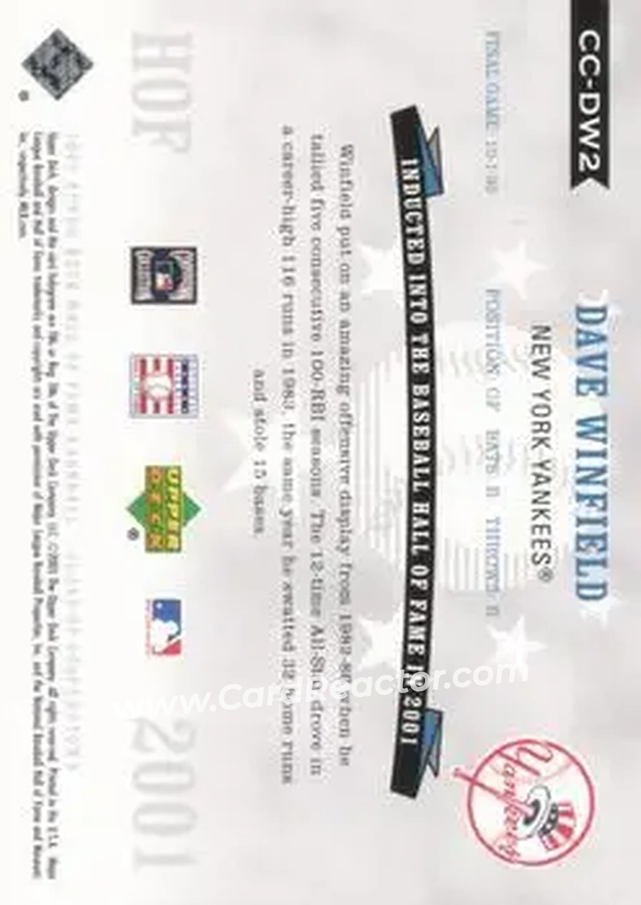 2005 Upper Deck Hall of Fame - Class of Cooperstown #CC-DW2 - Dave Winfield - New York Yankees - Back
