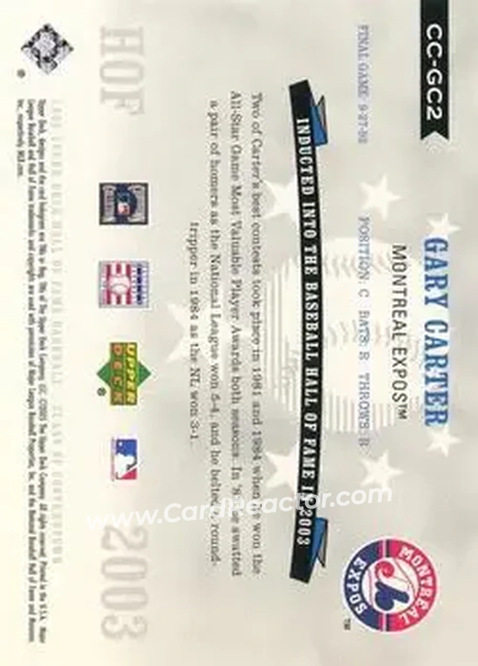 2005 Upper Deck Hall of Fame - Class of Cooperstown #CC-GC2 - Gary Carter - Montreal Expos - Back