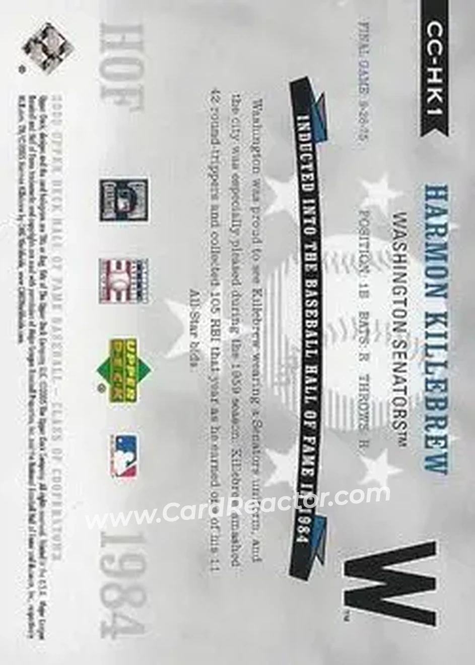 2005 Upper Deck Hall of Fame - Class of Cooperstown #CC-HK1 - Harmon Killebrew - Washington Senators - Back 2005 Upper Deck Hall of Fame - Class of Cooperstown #CC-HK1 - Harmon Killebrew - Washington Senators - Back