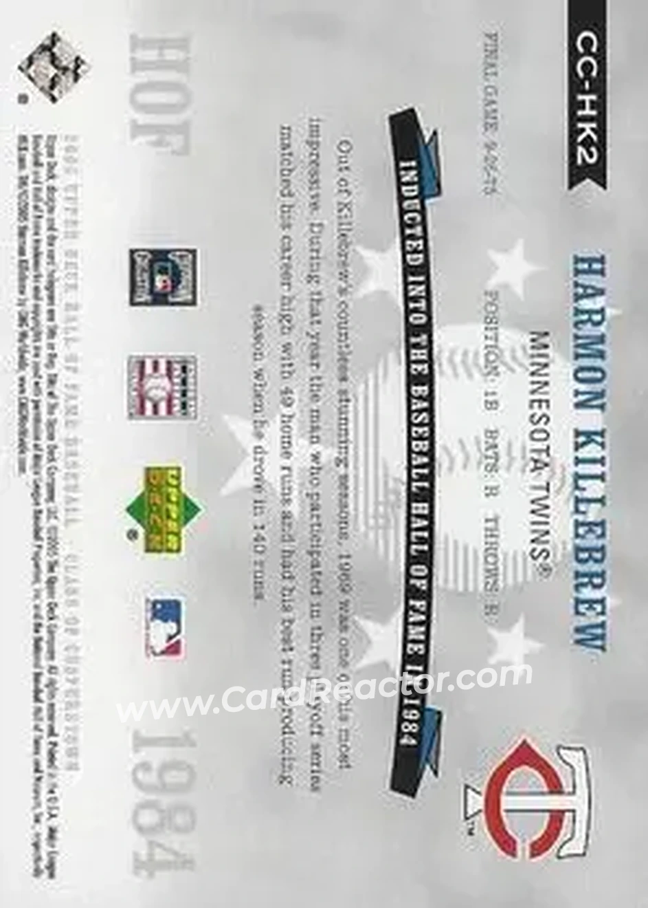2005 Upper Deck Hall of Fame - Class of Cooperstown #CC-HK2 - Harmon Killebrew - Minnesota Twins - Back