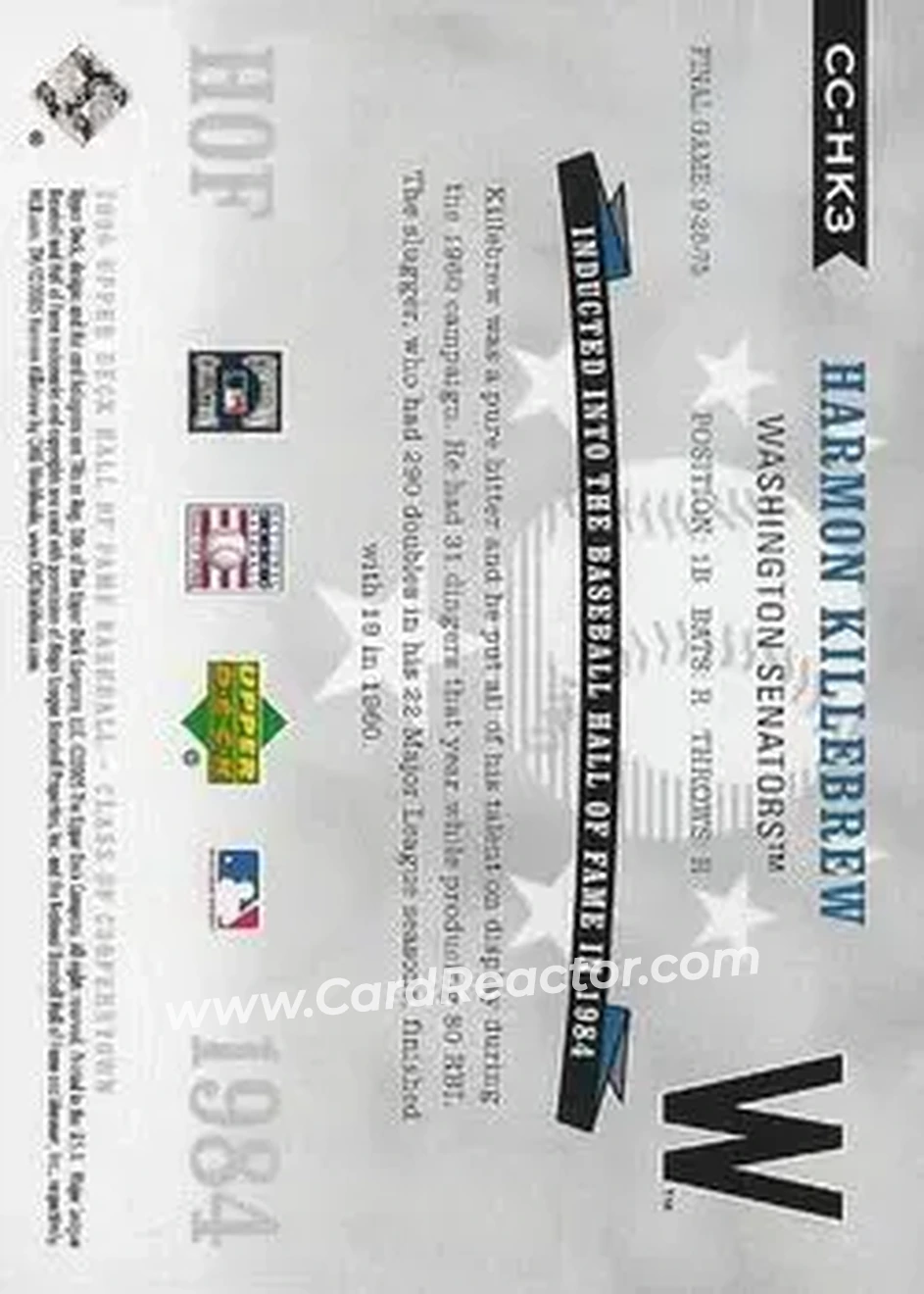 2005 Upper Deck Hall of Fame - Class of Cooperstown #CC-HK3 - Harmon Killebrew - Washington Senators - Back