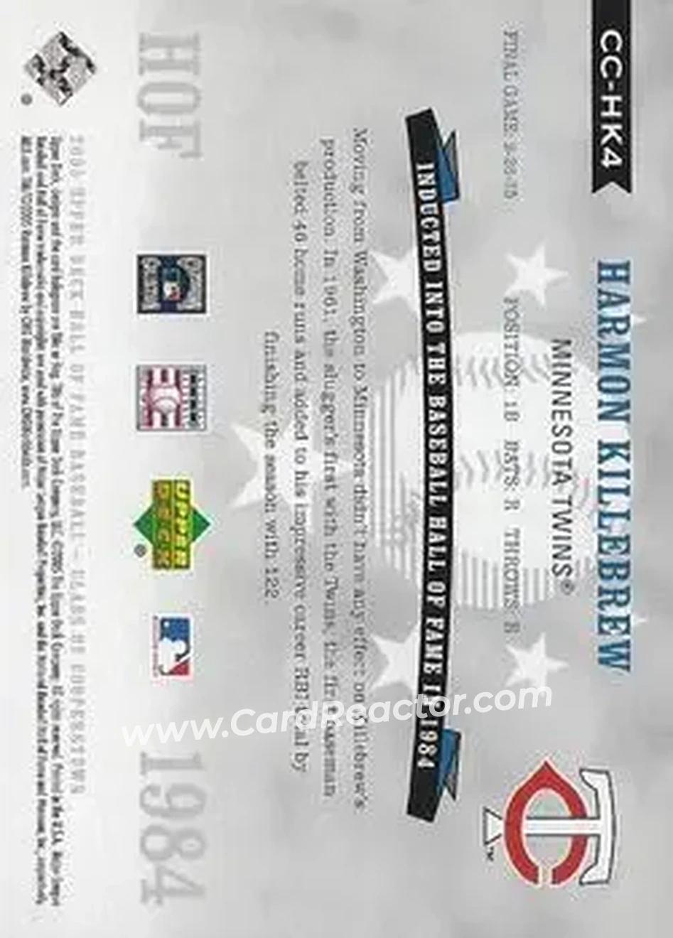 2005 Upper Deck Hall of Fame - Class of Cooperstown #CC-HK4 - Harmon Killebrew - Minnesota Twins - Back 2005 Upper Deck Hall of Fame - Class of Cooperstown #CC-HK4 - Harmon Killebrew - Minnesota Twins - Back