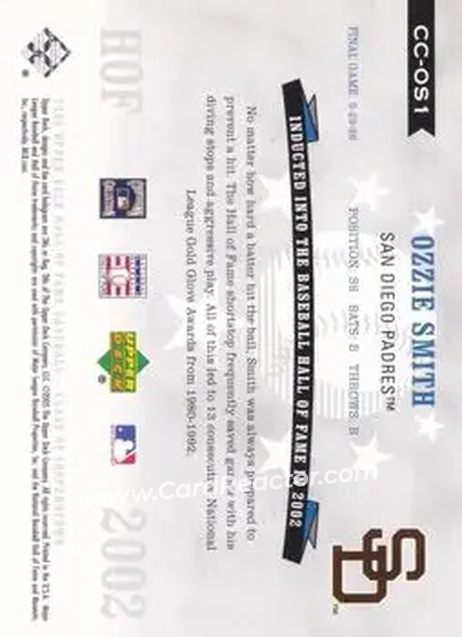 2005 Upper Deck Hall of Fame - Class of Cooperstown #CC-OS1 - Ozzie Smith - San Diego Padres - Back 2005 Upper Deck Hall of Fame - Class of Cooperstown #CC-OS1 - Ozzie Smith - San Diego Padres - Back