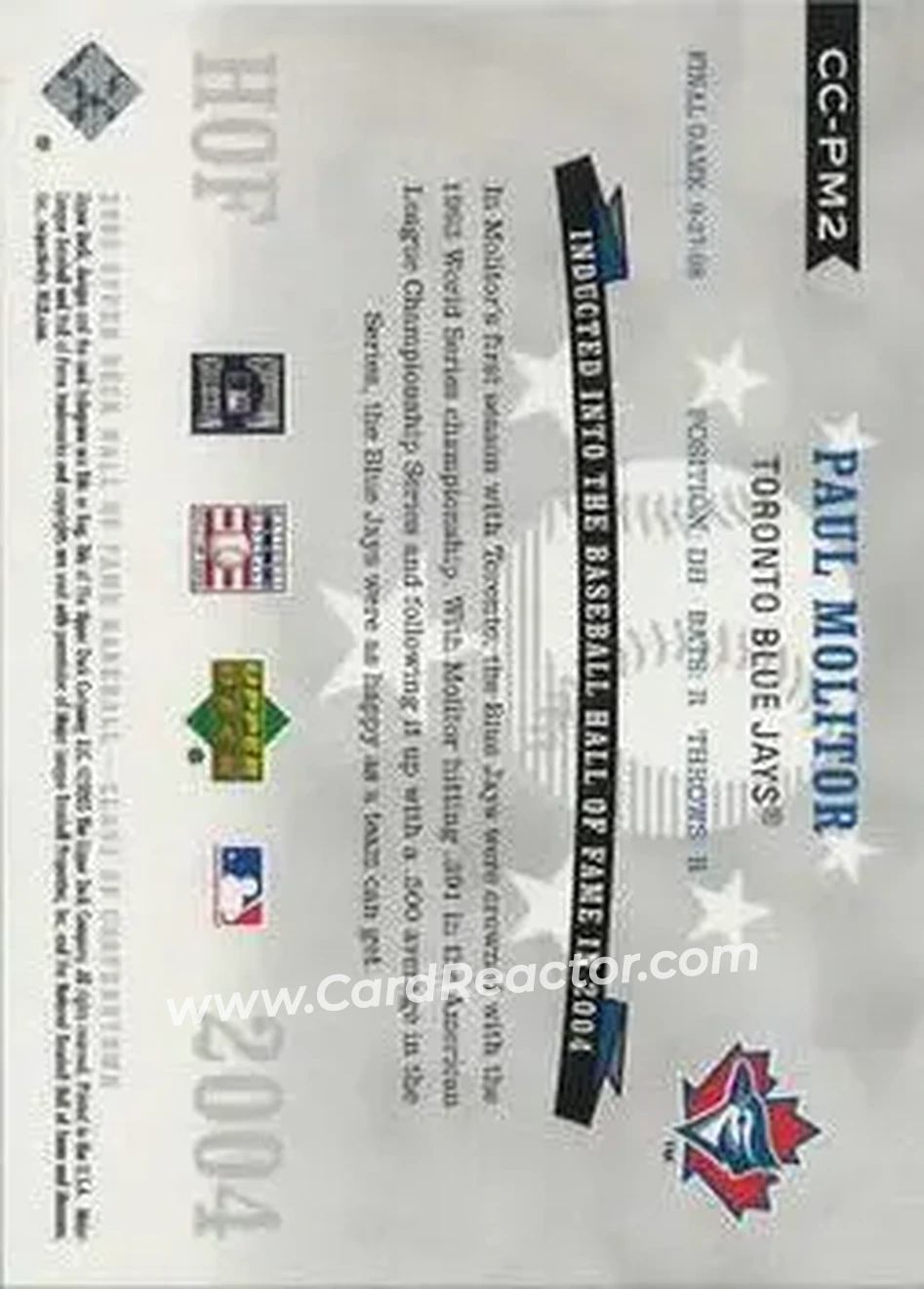 2005 Upper Deck Hall of Fame - Class of Cooperstown #CC-PM2 - Paul Molitor - Toronto Blue Jays - Back 2005 Upper Deck Hall of Fame - Class of Cooperstown #CC-PM2 - Paul Molitor - Toronto Blue Jays - Back