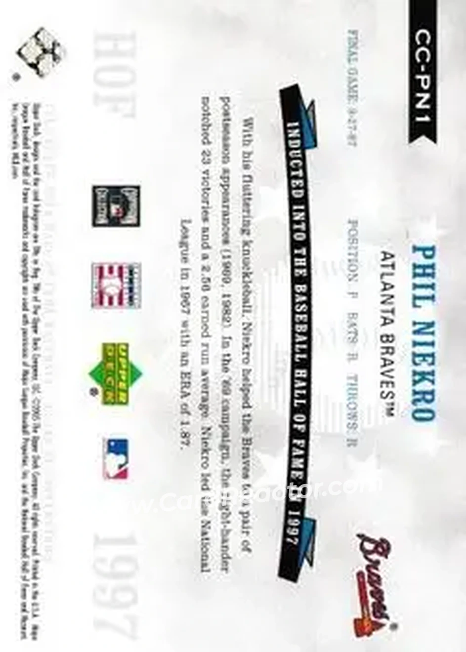 2005 Upper Deck Hall of Fame - Class of Cooperstown #CC-PN1 - Phil Niekro - Atlanta Braves - Back