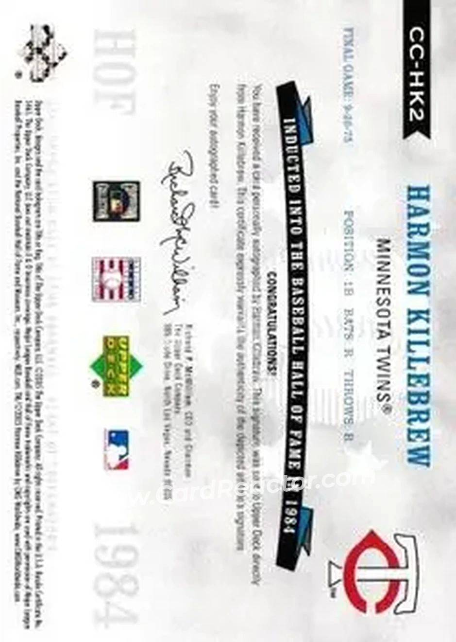 2005 Upper Deck Hall of Fame - Class of Cooperstown Autograph #CC-HK2 - Harmon Killebrew - Minnesota Twins - Back