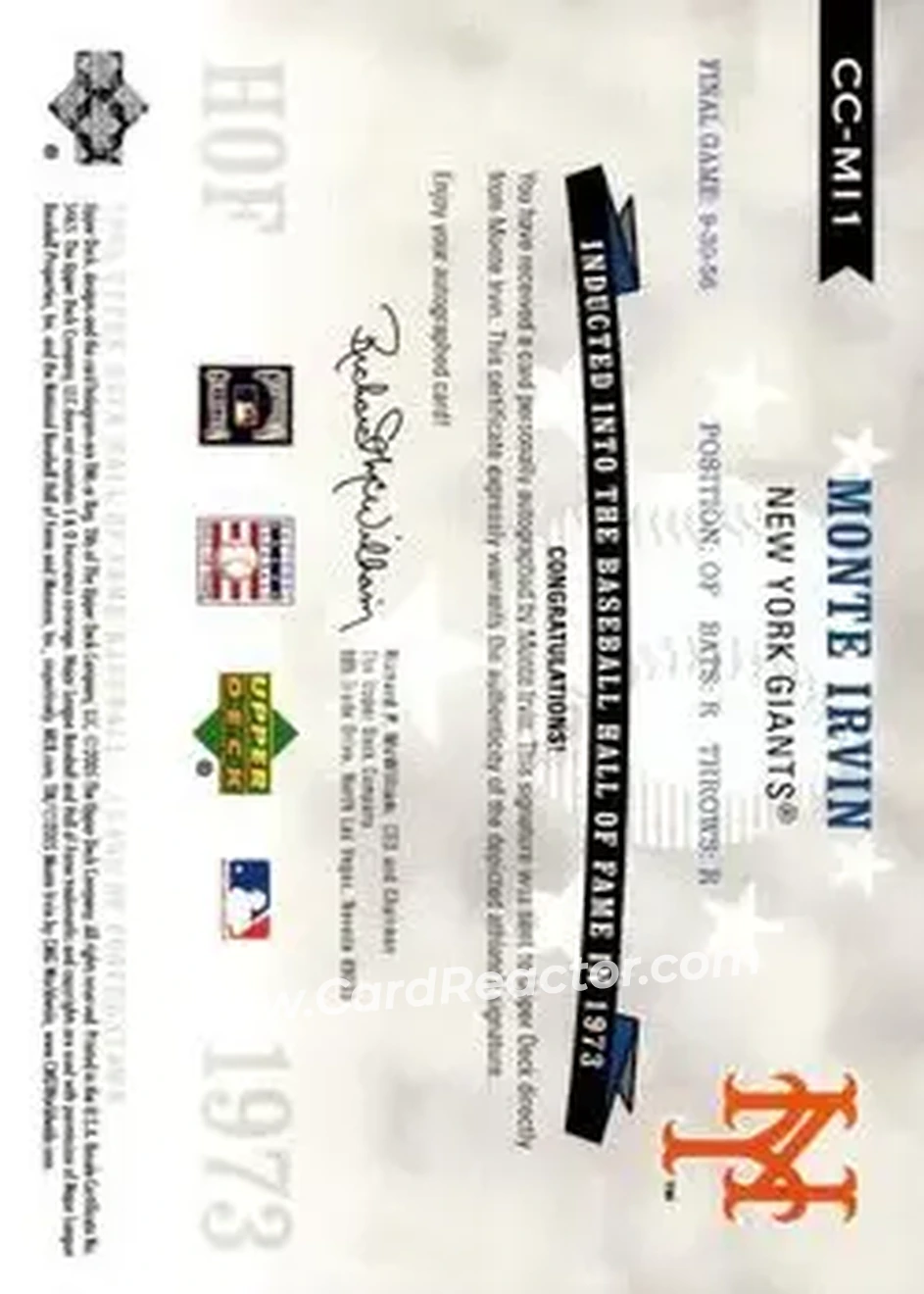 2005 Upper Deck Hall of Fame - Class of Cooperstown Autograph #CC-MI1 - Monte Irvin - New York Giants - Back 2005 Upper Deck Hall of Fame - Class of Cooperstown Autograph #CC-MI1 - Monte Irvin - New York Giants - Back