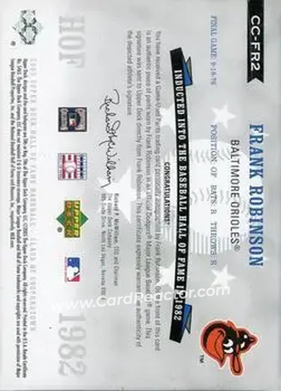 2005 Upper Deck Hall of Fame - Class of Cooperstown Autograph-Material Gold #CC-FR2 - Frank Robinson - Baltimore Orioles - Back 2005 Upper Deck Hall of Fame - Class of Cooperstown Autograph-Material Gold #CC-FR2 - Frank Robinson - Baltimore Orioles - Back
