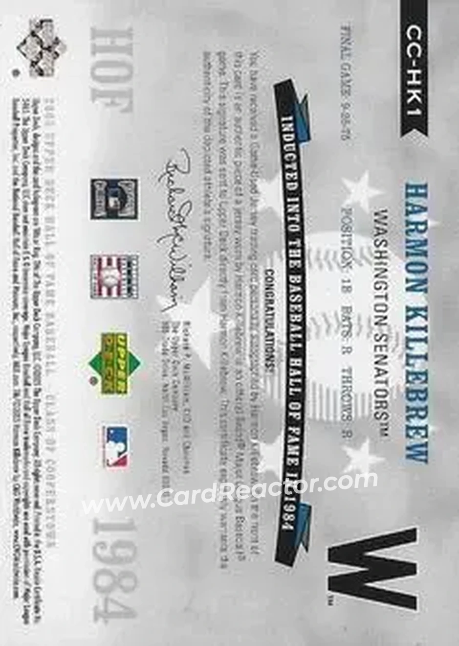 2005 Upper Deck Hall of Fame - Class of Cooperstown Autograph-Material Gold #CC-HK1 - Harmon Killebrew - Washington Senators - Back 2005 Upper Deck Hall of Fame - Class of Cooperstown Autograph-Material Gold #CC-HK1 - Harmon Killebrew - Washington Senators - Back
