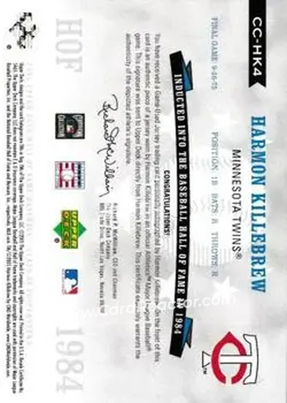 2005 Upper Deck Hall of Fame - Class of Cooperstown Autograph-Material Gold #CC-HK4 - Harmon Killebrew - Minnesota Twins - Back 2005 Upper Deck Hall of Fame - Class of Cooperstown Autograph-Material Gold #CC-HK4 - Harmon Killebrew - Minnesota Twins - Back