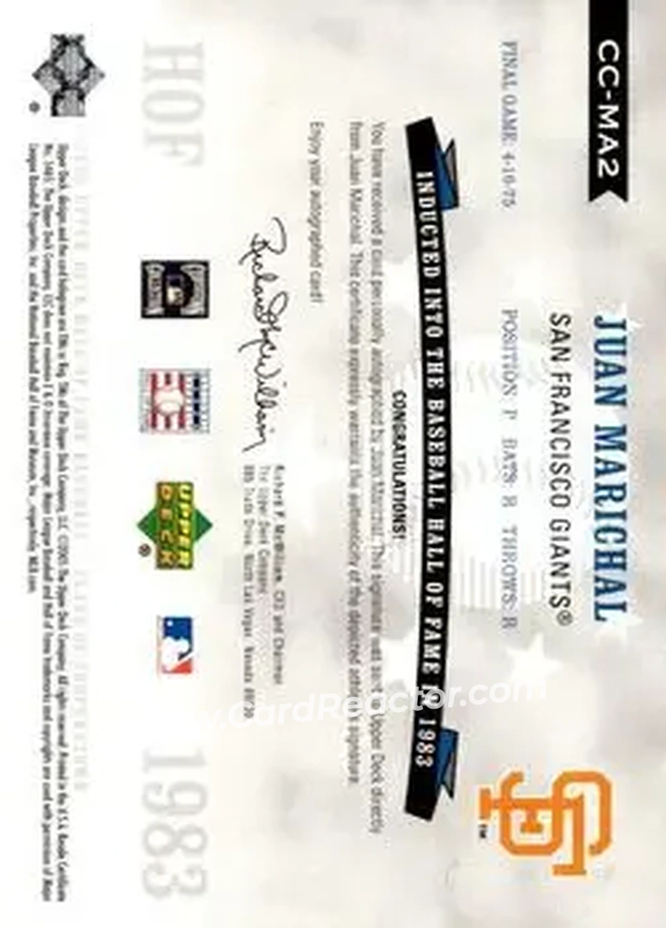 2005 Upper Deck Hall of Fame - Class of Cooperstown Autograph Silver #CC-MA2 - Juan Marichal - San Francisco Giants - Back