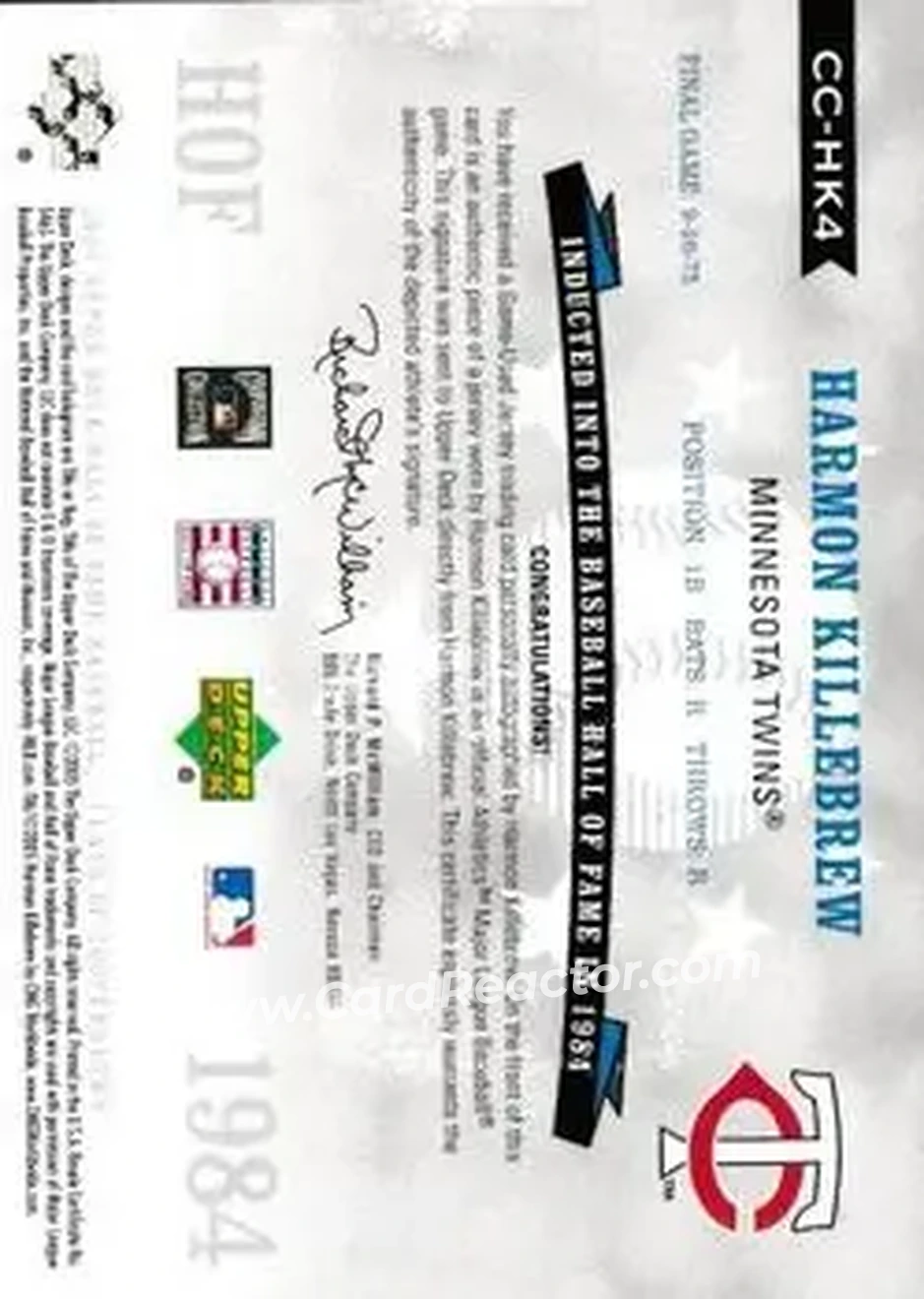 2005 Upper Deck Hall of Fame - Class of Cooperstown Autograph-Material Silver #CC-HK4 - Harmon Killebrew - Minnesota Twins - Back
