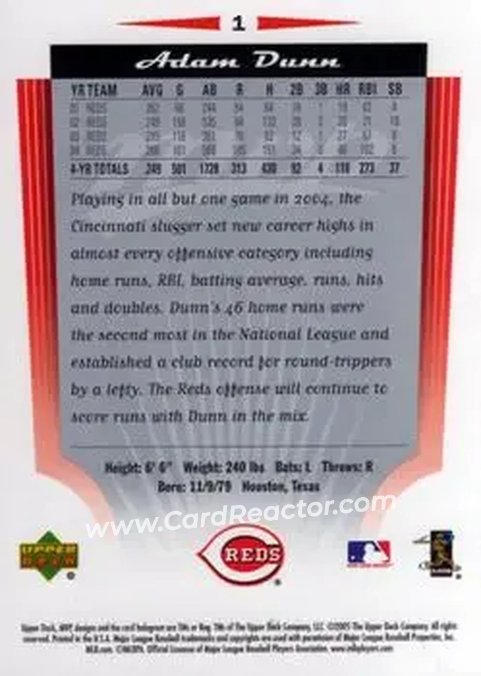 2005 Upper Deck MVP #1 - Adam Dunn - Cincinnati Reds - Back