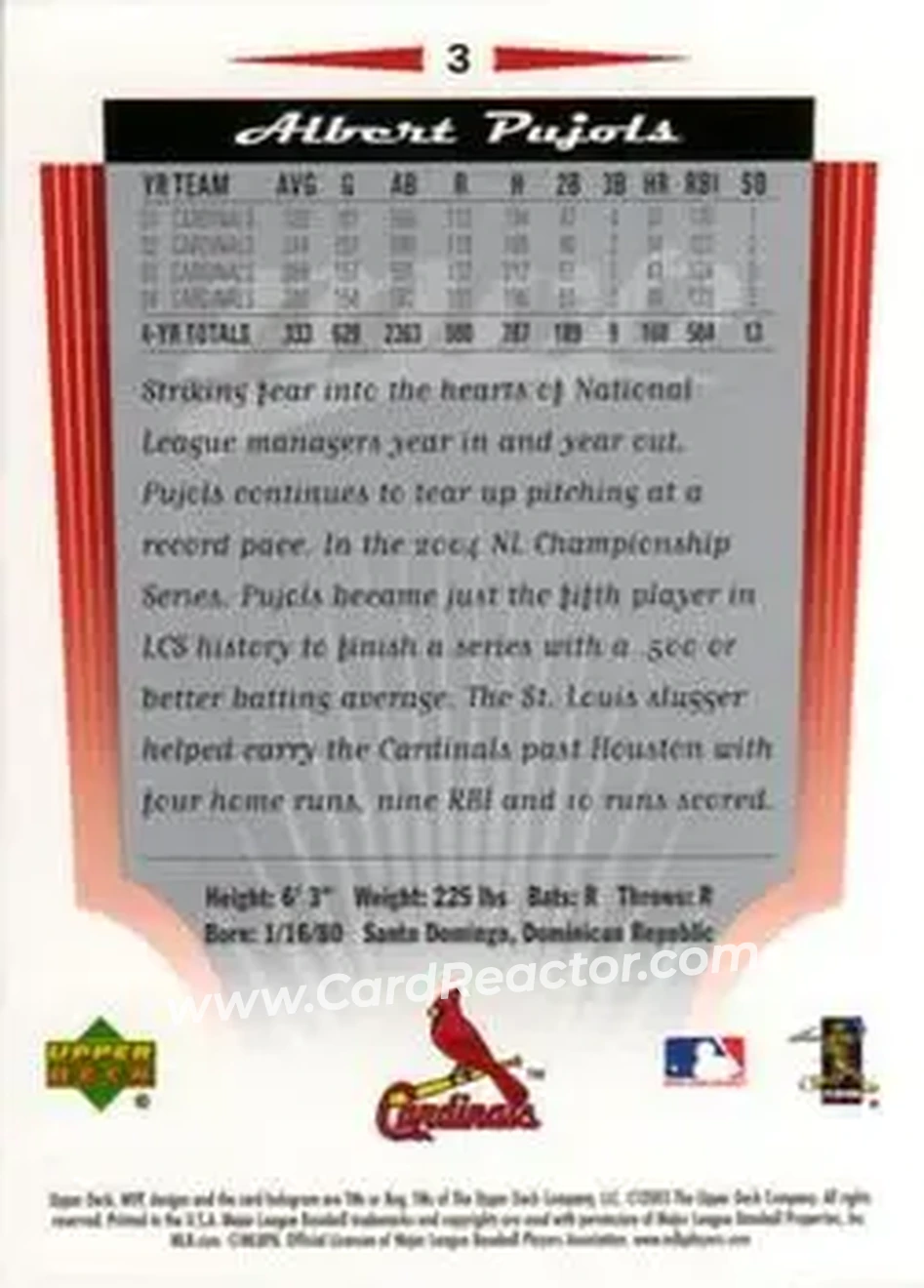 2005 Upper Deck MVP #3 - Albert Pujols - St. Louis Cardinals - Back
