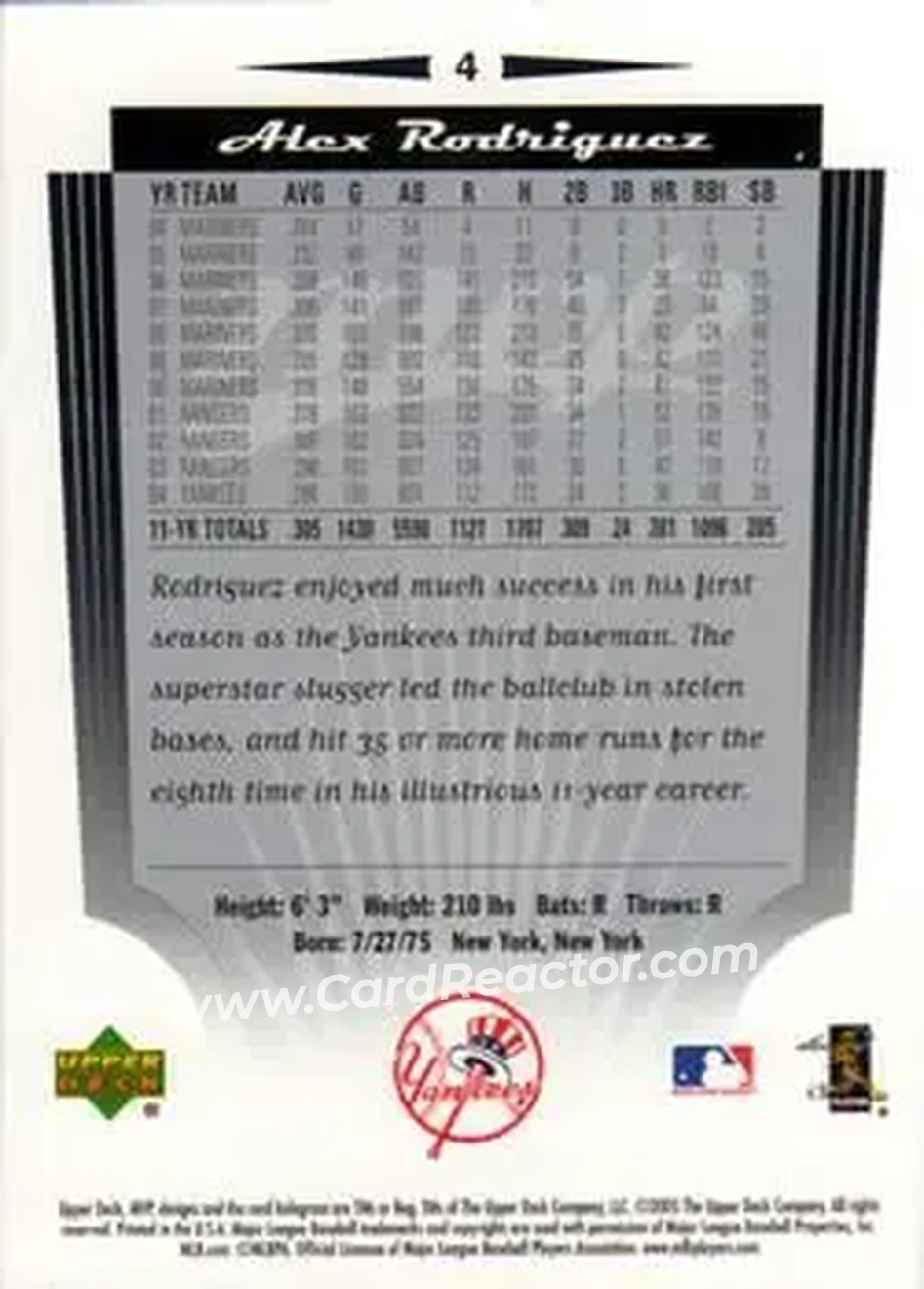 2005 Upper Deck MVP #4 - Alex Rodriguez - New York Yankees - Back