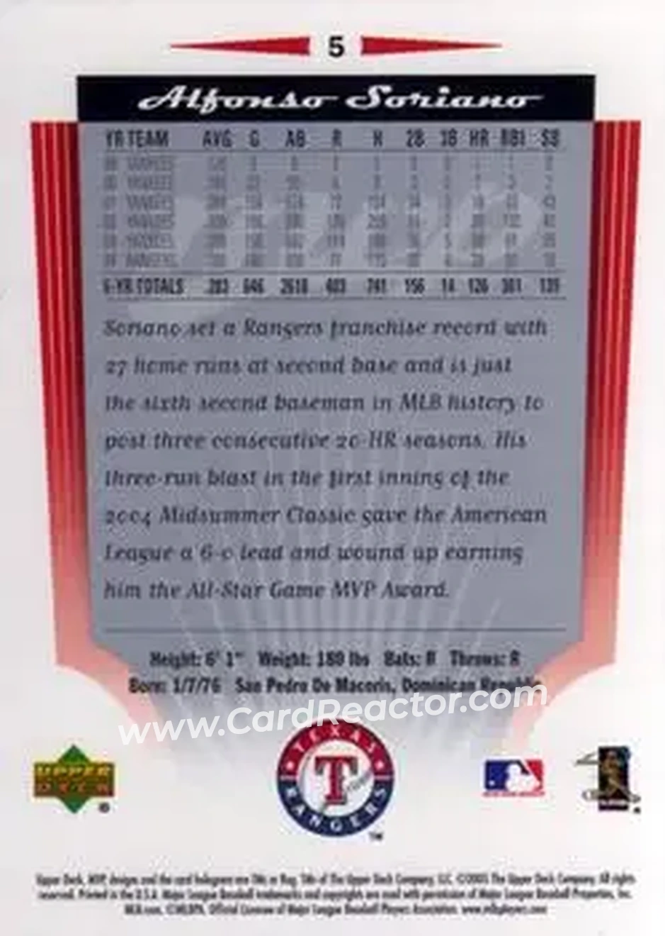 2005 Upper Deck MVP #5 - Alfonso Soriano - Texas Rangers - Back 2005 Upper Deck MVP #5 - Alfonso Soriano - Texas Rangers - Back