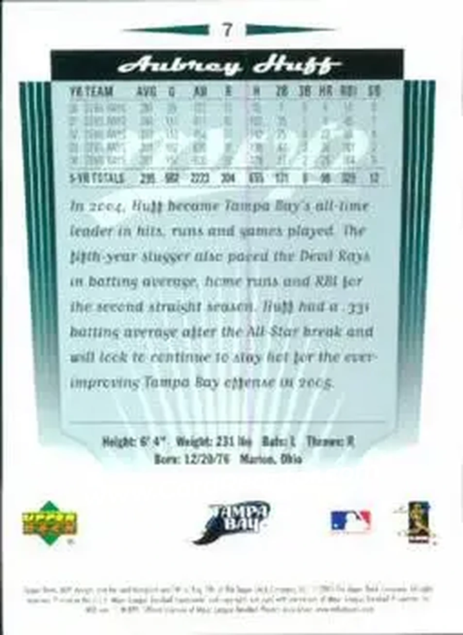 2005 Upper Deck MVP #7 - Aubrey Huff - Tampa Bay Devil Rays - Back