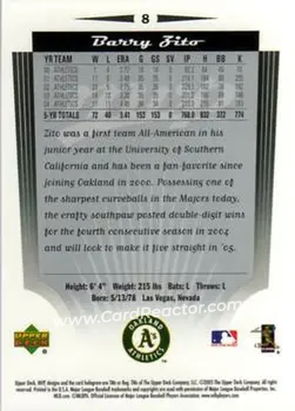 2005 Upper Deck MVP #8 - Barry Zito - Oakland Athletics - Back