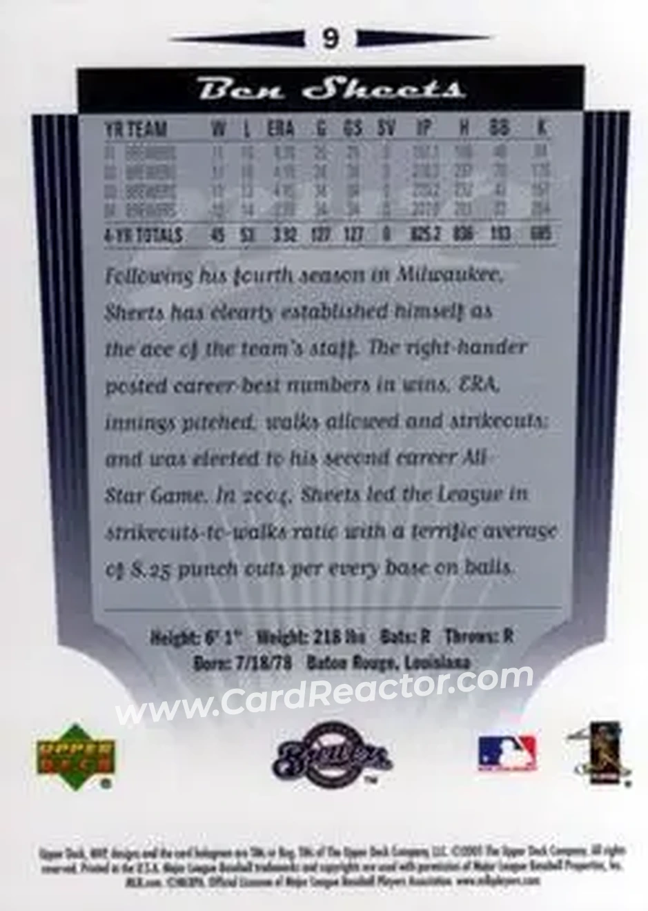 2005 Upper Deck MVP #9 - Ben Sheets - Milwaukee Brewers - Back