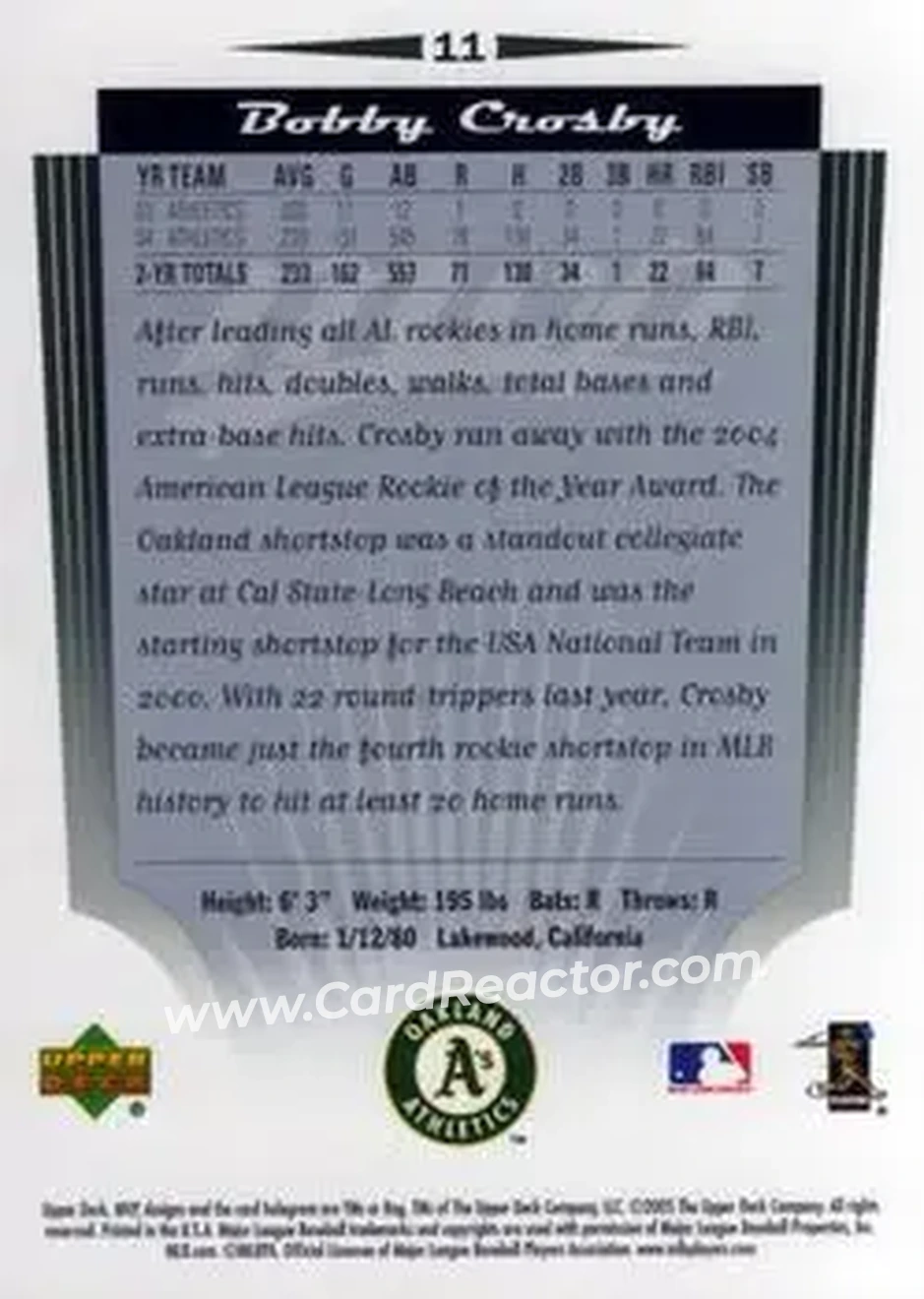 2005 Upper Deck MVP #11 - Bobby Crosby - Oakland Athletics - Back 2005 Upper Deck MVP #11 - Bobby Crosby - Oakland Athletics - Back
