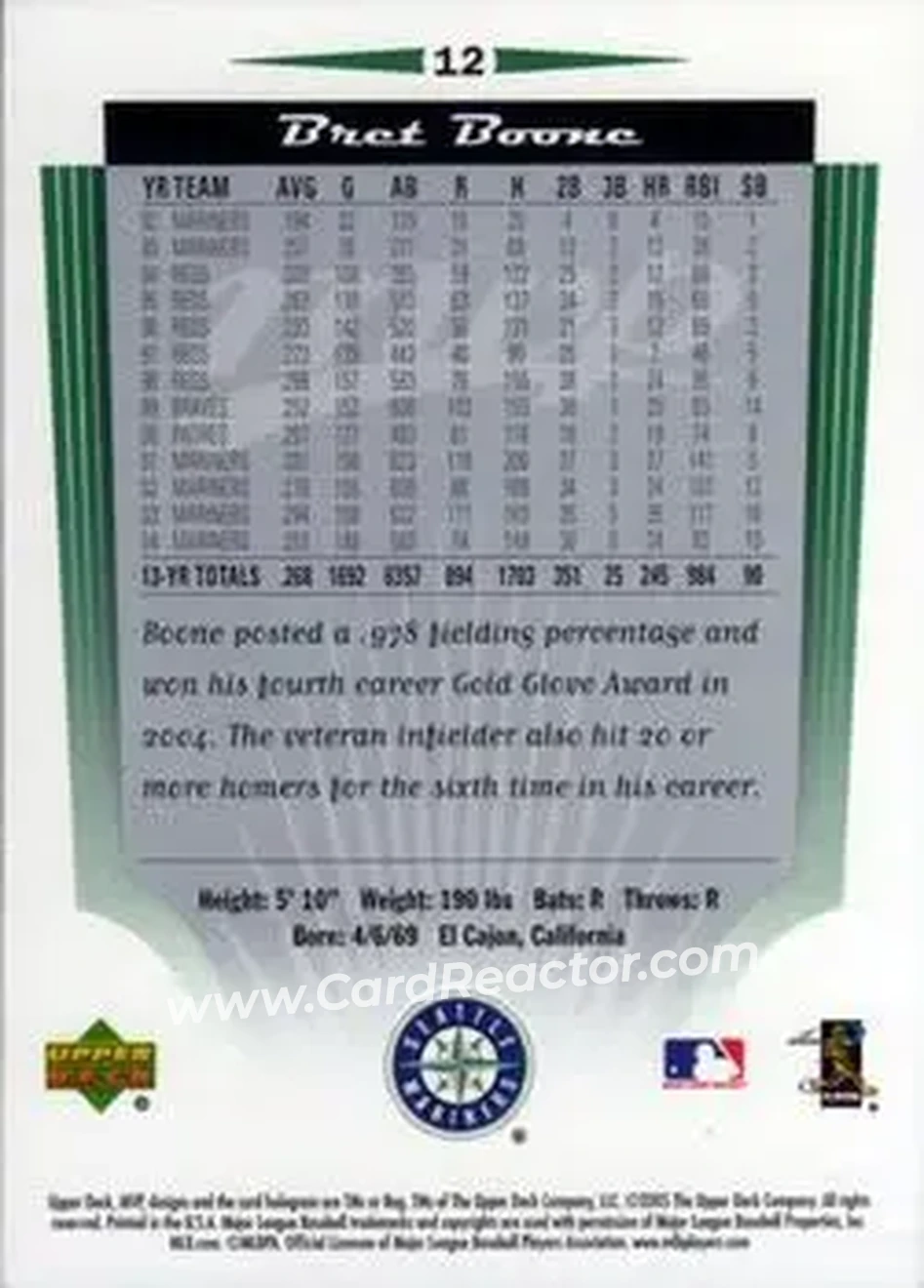 2005 Upper Deck MVP #12 - Bret Boone - Seattle Mariners - Back