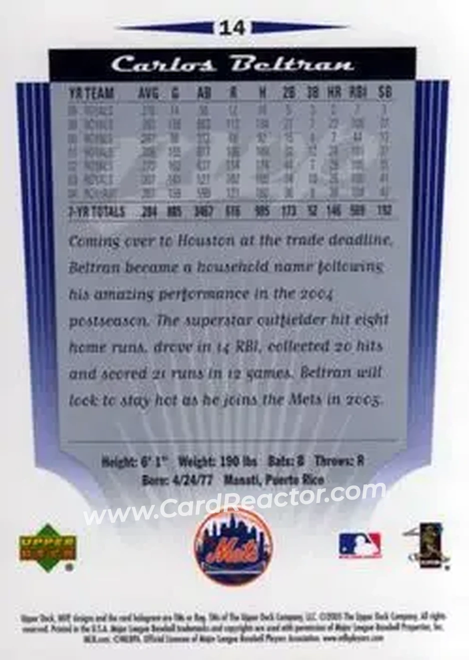 2005 Upper Deck MVP #14 - Carlos Beltran - New York Mets - Back 2005 Upper Deck MVP #14 - Carlos Beltran - New York Mets - Back