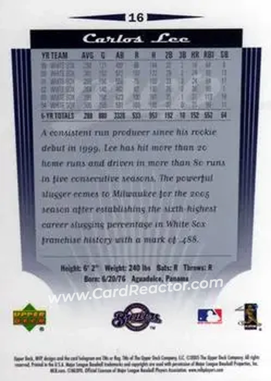 2005 Upper Deck MVP #16 - Carlos Lee - Milwaukee Brewers - Back