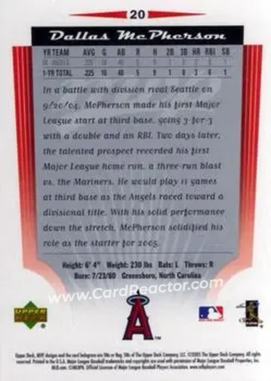 2005 Upper Deck MVP #20 - Dallas McPherson - Los Angeles Angels - Back