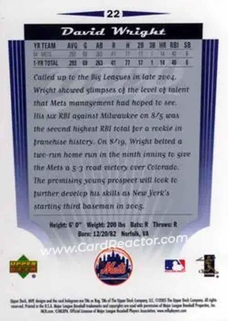 2005 Upper Deck MVP #22 - David Wright - New York Mets - Back