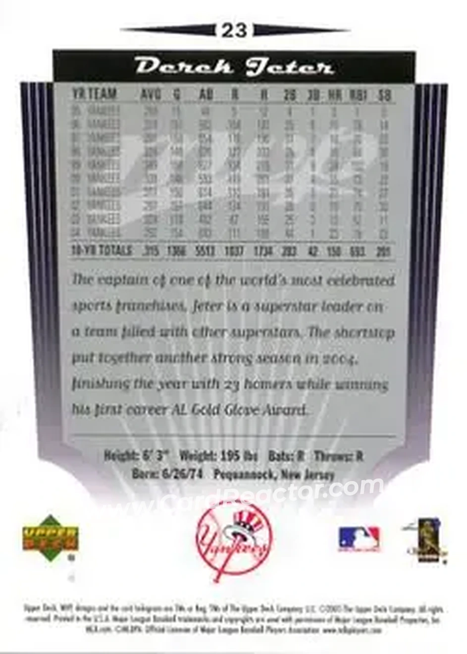 2005 Upper Deck MVP #23 - Derek Jeter - New York Yankees - Back