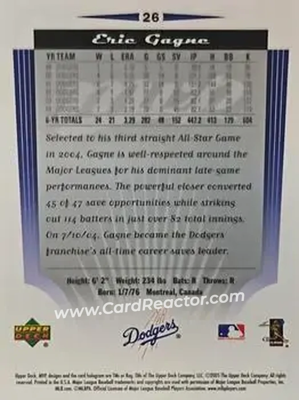 2005 Upper Deck MVP #26 - Eric Gagne - Los Angeles Dodgers - Back