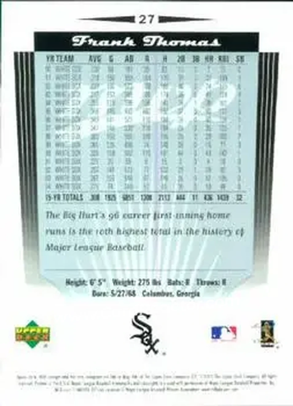 2005 Upper Deck MVP #27 - Frank Thomas - Chicago White Sox - Back
