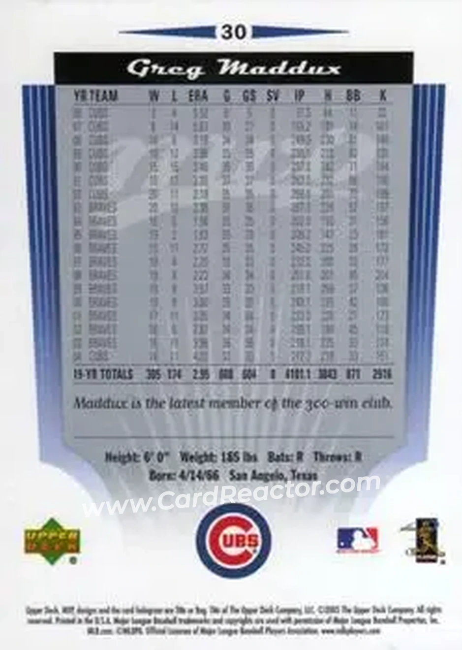 2005 Upper Deck MVP #30 - Greg Maddux - Chicago Cubs - Back