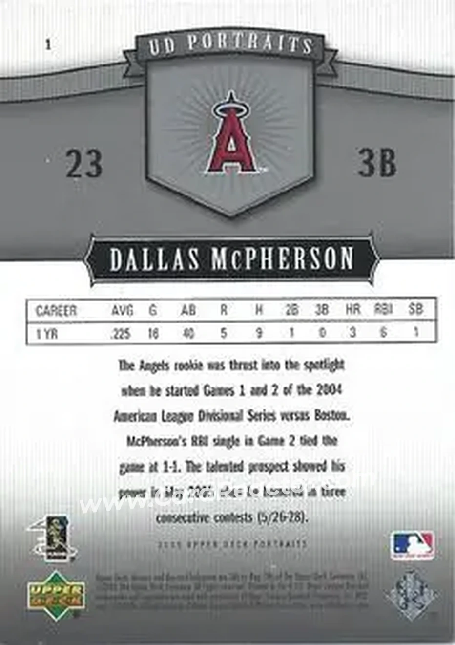 2005 Upper Deck Portraits #1 - Dallas McPherson - Los Angeles Angels - Back
