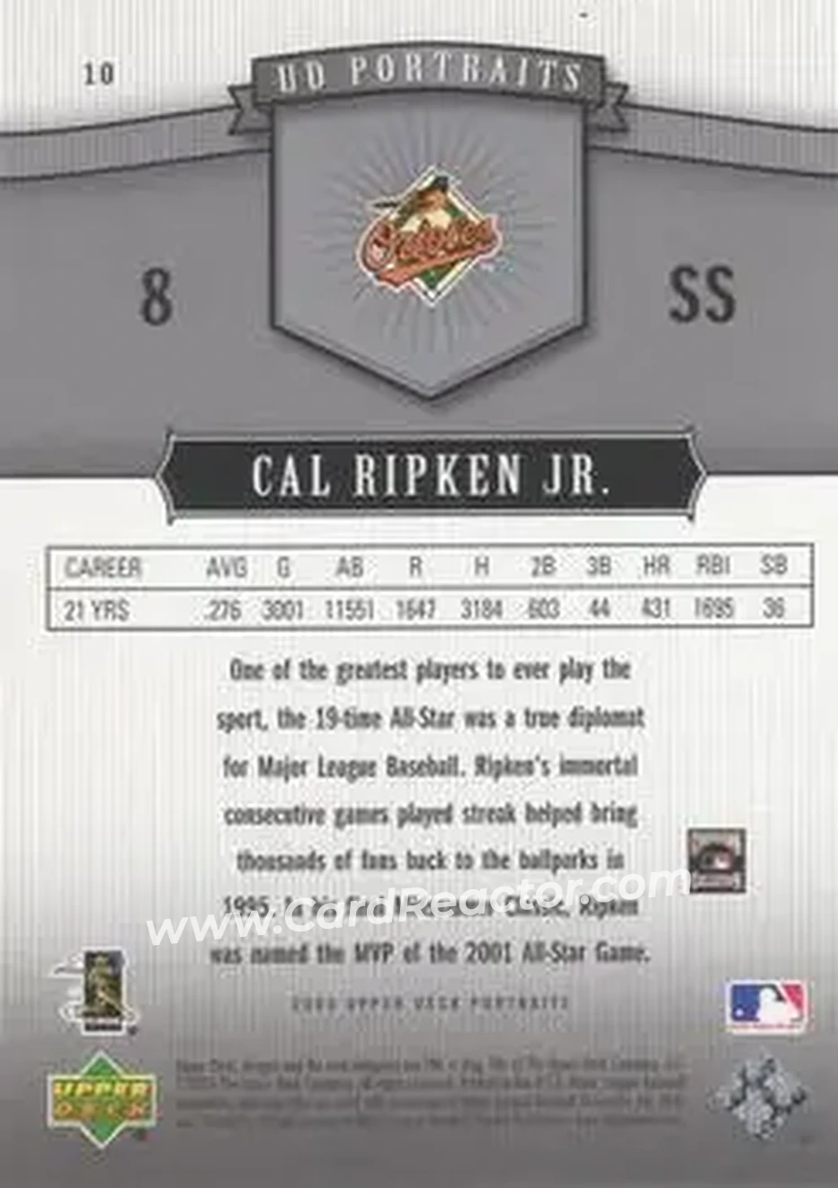 2005 Upper Deck Portraits #10 - Cal Ripken - Baltimore Orioles - Back
