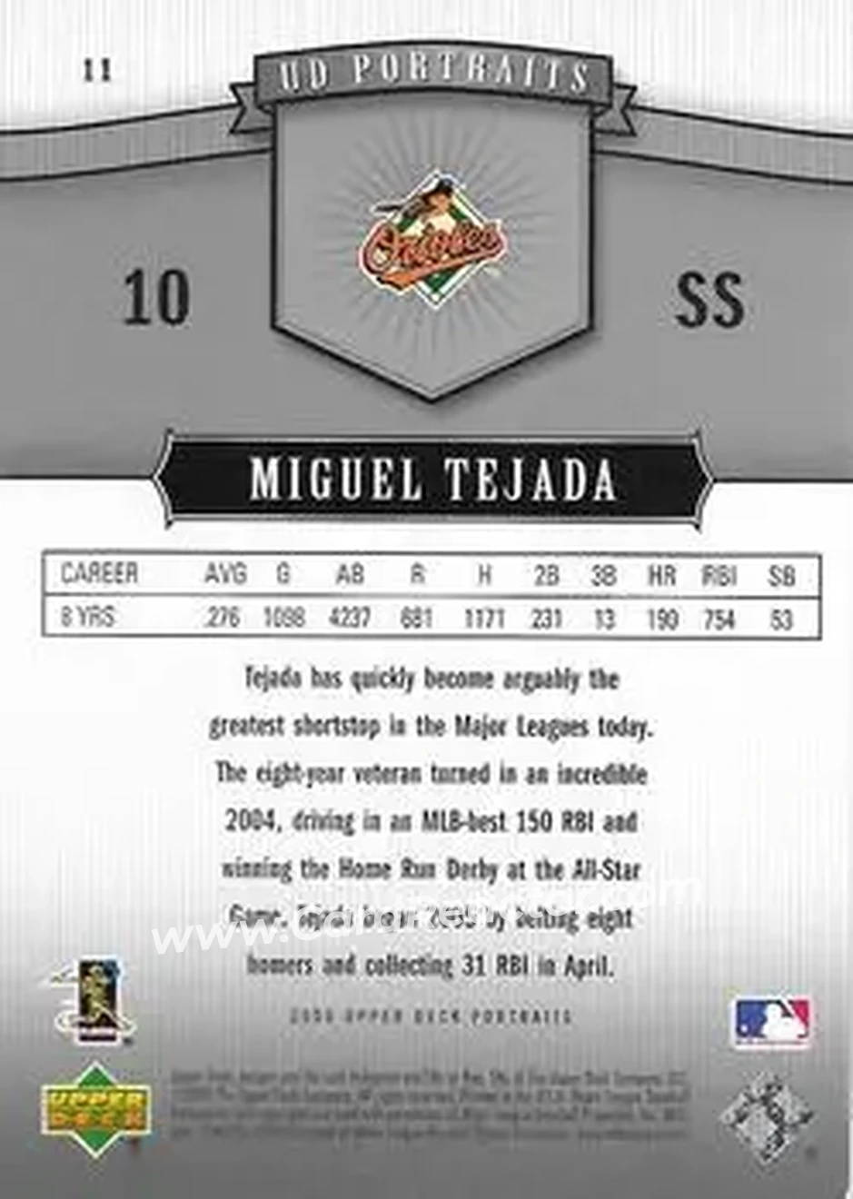 2005 Upper Deck Portraits #11 - Miguel Tejada - Baltimore Orioles - Back 2005 Upper Deck Portraits #11 - Miguel Tejada - Baltimore Orioles - Back