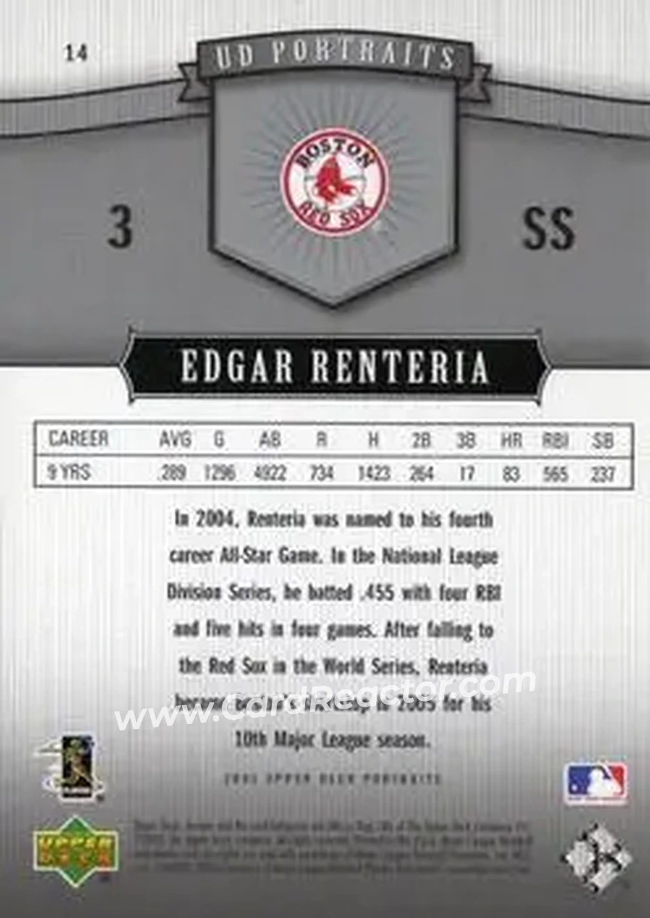 2005 Upper Deck Portraits #14 - Edgar Renteria - Boston Red Sox - Back