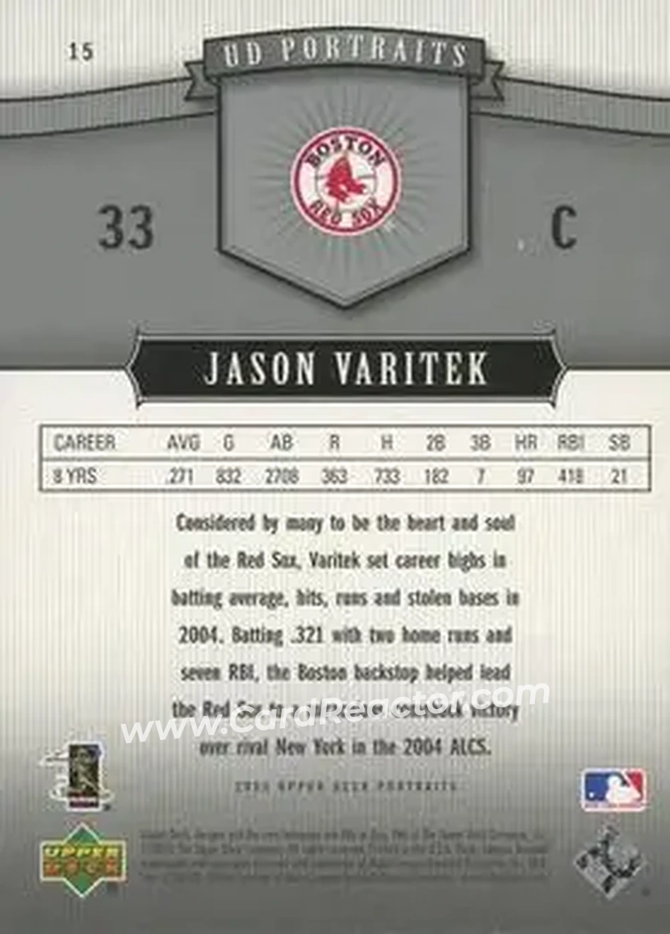 2005 Upper Deck Portraits #15 - Jason Varitek - Boston Red Sox - Back