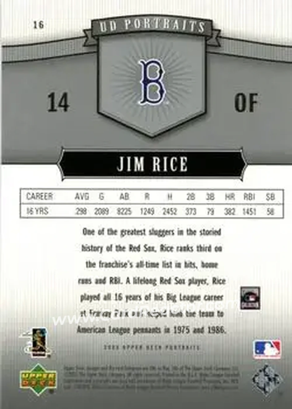 2005 Upper Deck Portraits #16 - Jim Rice - Boston Red Sox - Back