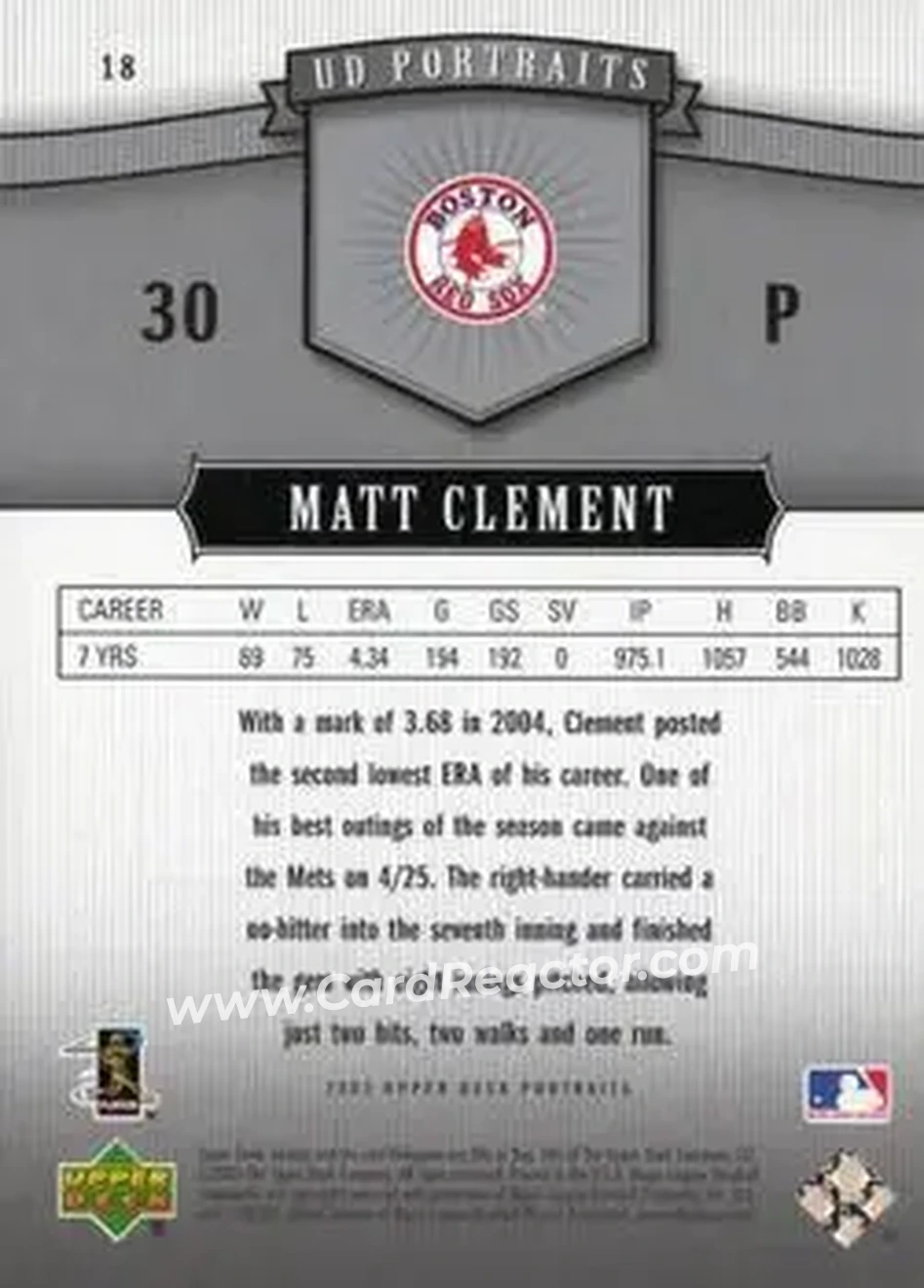 2005 Upper Deck Portraits #18 - Matt Clement - Boston Red Sox - Back