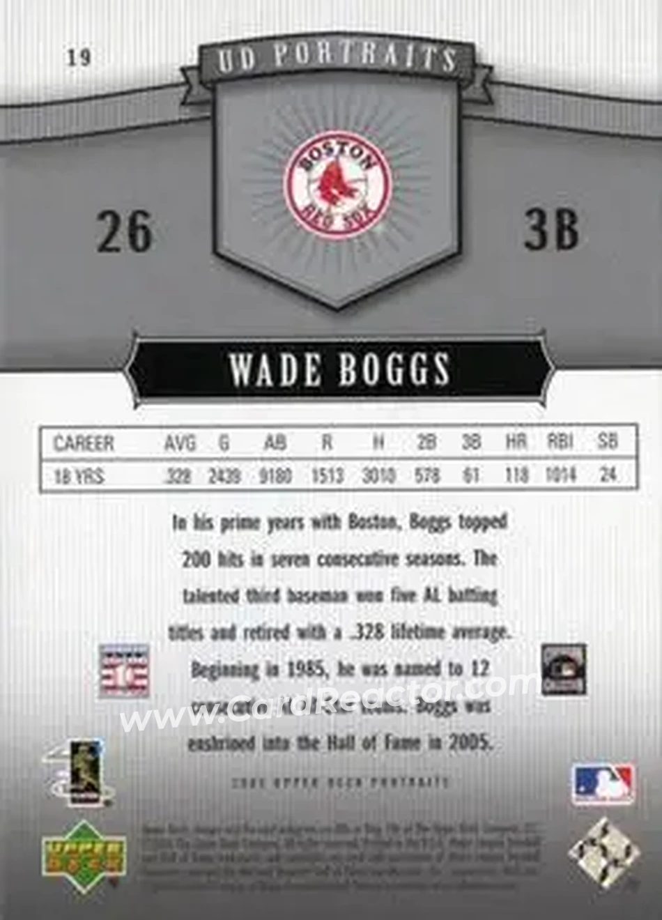 2005 Upper Deck Portraits #19 - Wade Boggs - Boston Red Sox - Back 2005 Upper Deck Portraits #19 - Wade Boggs - Boston Red Sox - Back