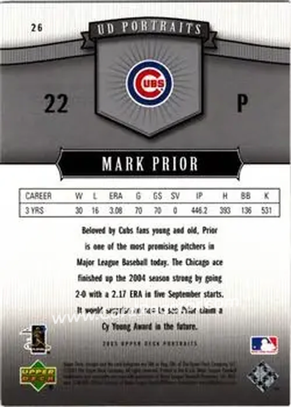2005 Upper Deck Portraits #26 - Mark Prior - Chicago Cubs - Back