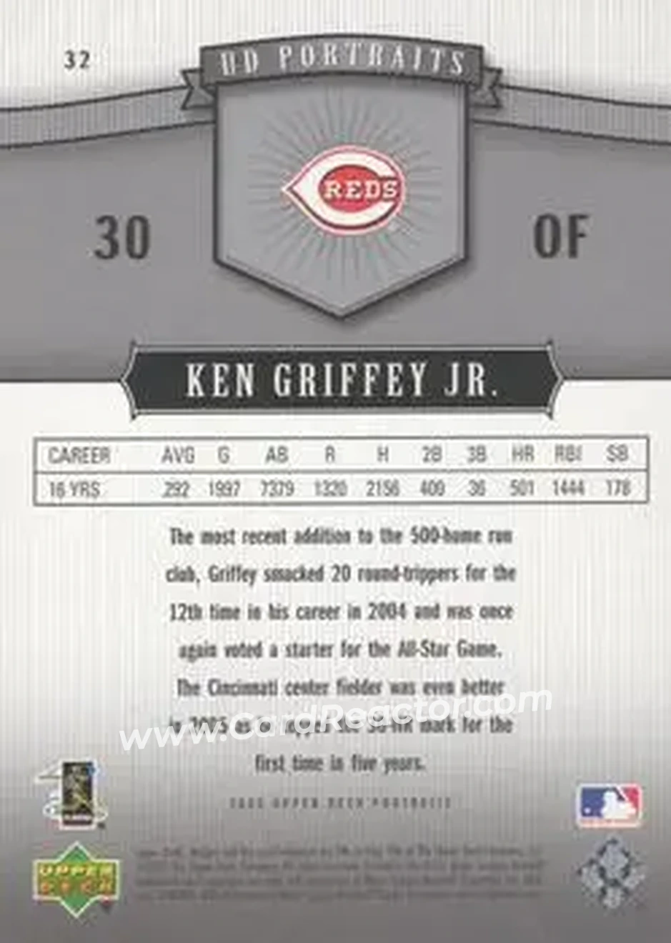2005 Upper Deck Portraits #32 - Ken Griffey Jr. - Cincinnati Reds - Back