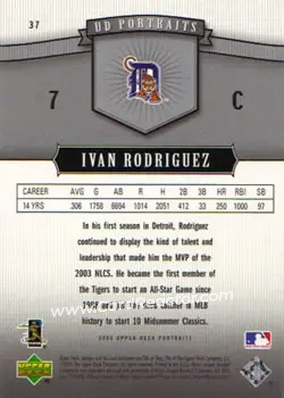 2005 Upper Deck Portraits #37 - Ivan Rodriguez - Detroit Tigers - Back