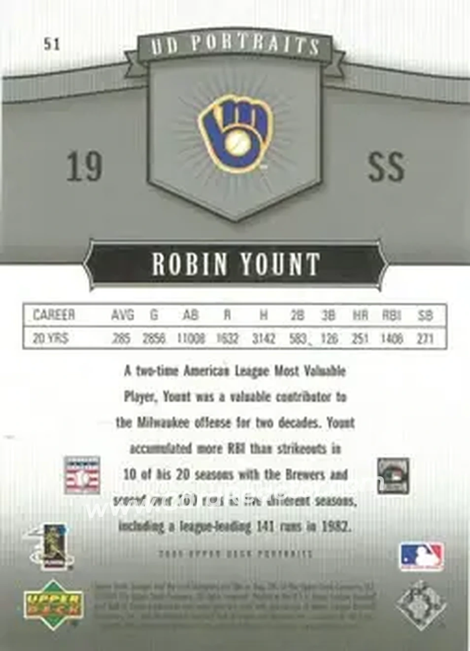 2005 Upper Deck Portraits #51 - Robin Yount - Milwaukee Brewers - Back
