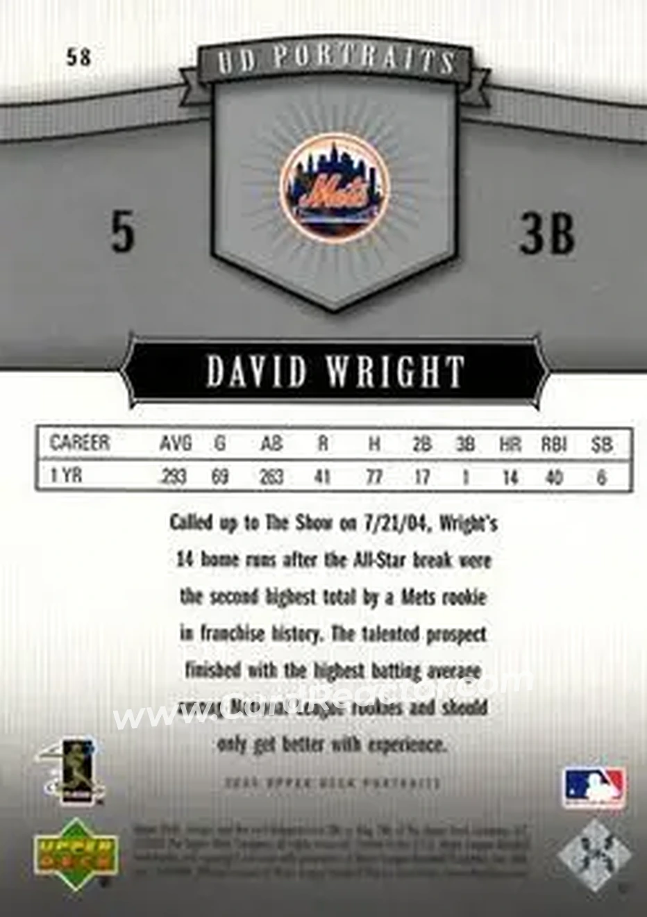 2005 Upper Deck Portraits #58 - David Wright - New York Mets - Back
