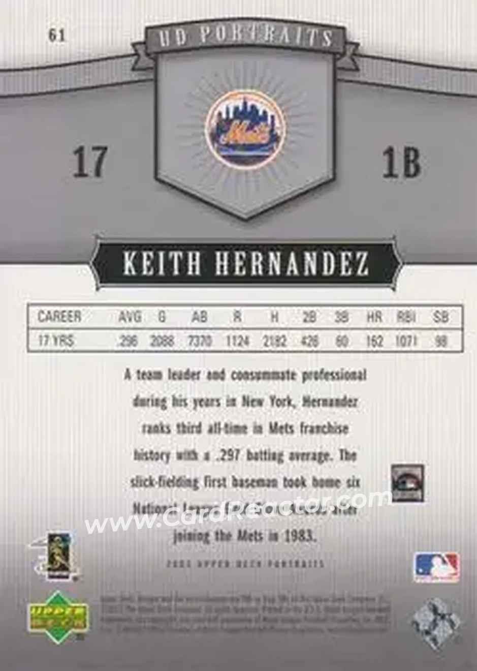 2005 Upper Deck Portraits #61 - Keith Hernandez - New York Mets - Back