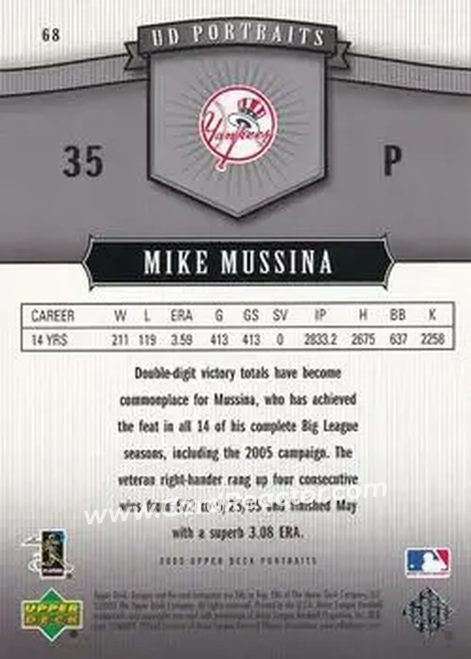 2005 Upper Deck Portraits #68 - Mike Mussina - New York Yankees - Back