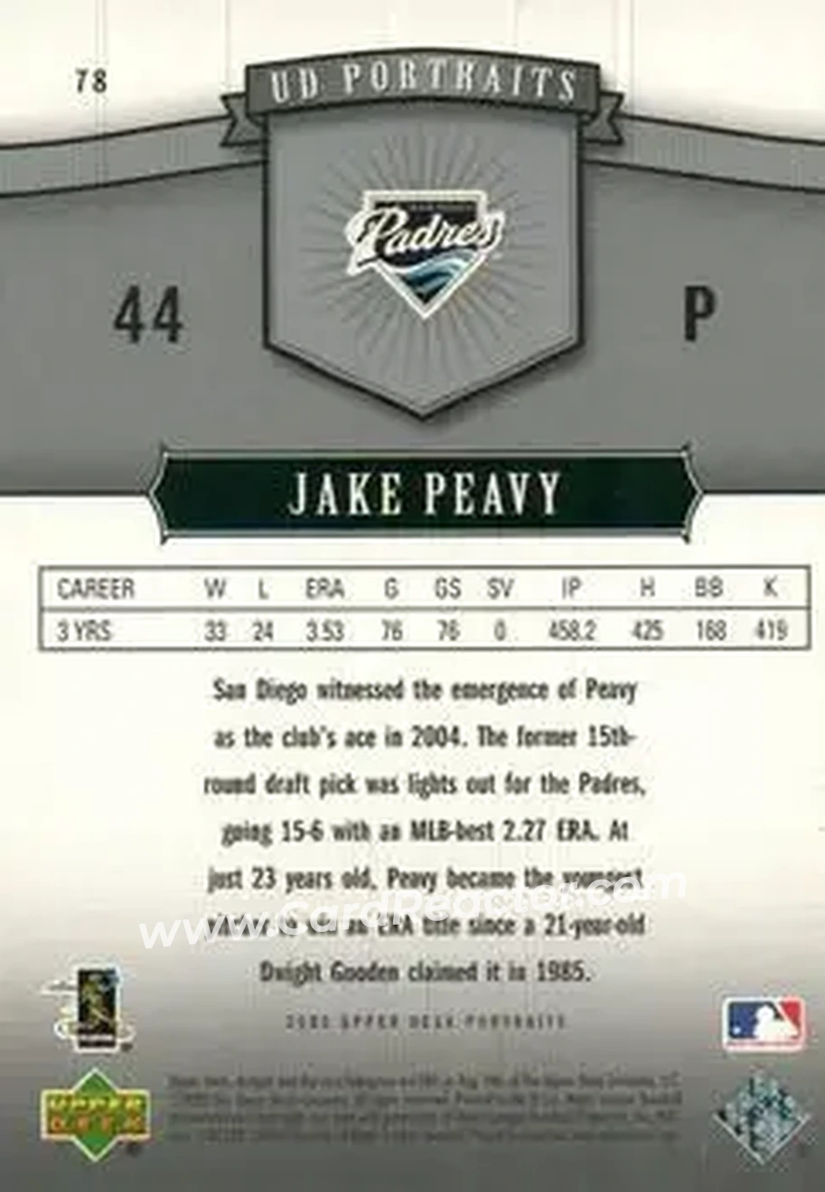 2005 Upper Deck Portraits #78 - Jake Peavy - San Diego Padres - Back